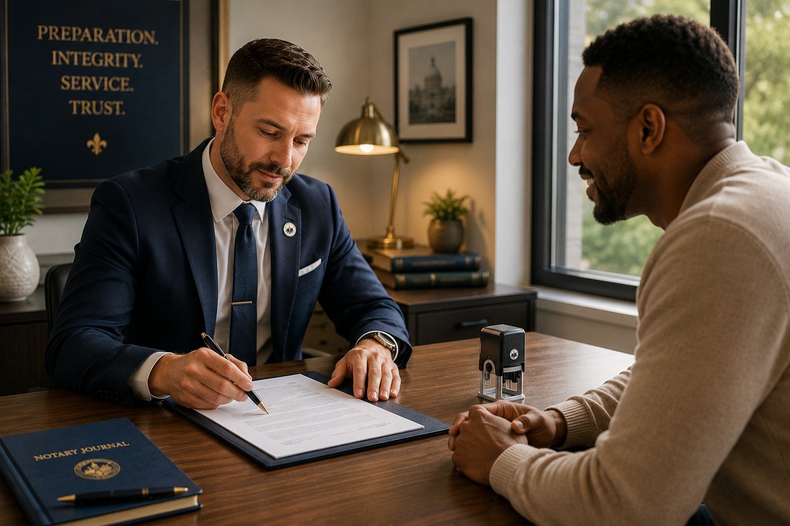 Professional mobile notary assisting a client